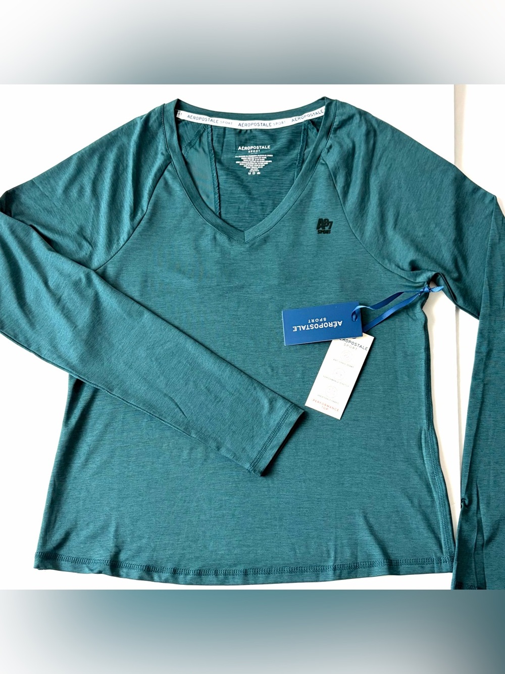 NEW Aeropostale Womens A87 Sport Long Sleeve V Neck Activewear Top Teal Green M
